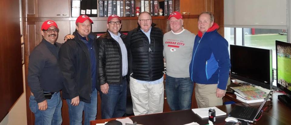 This photo was taken in Andy Reid’s office after the Chiefs beat the Raiders in a Thursday night game. Shown left to right are the Tony Stewart, Ted Pallas, Bruce Backley, Reid, Mark LaBonge and Tom LaBonge.