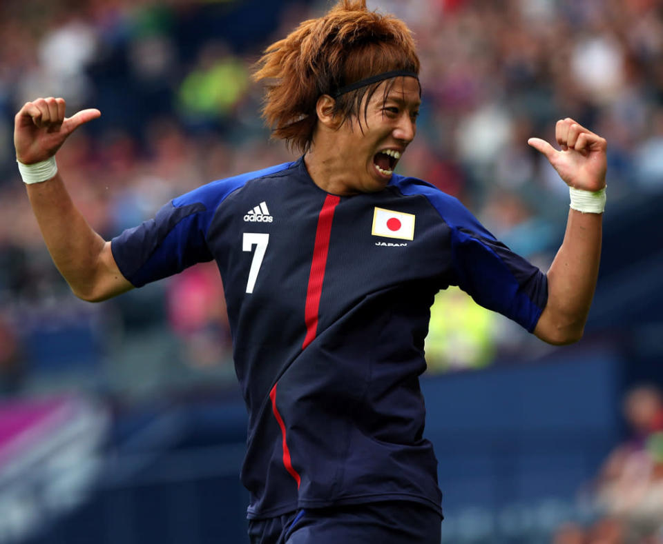 Otsu Yuki of Japan celebrates after scoring during the Men's Football first round Group D Match of the London 2012 Olympic Games between Spain and Japan , at Hampden Park on July 26, 2012 in Glasgow, Scotland. (Photo by Stanley Chou/Getty Images)