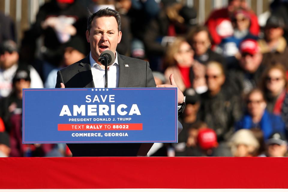 Georgia lieutenant governor candidate Burt Jones speaks at a "Save America Rally" at the Banks County Dragway on Saturday, March 26, 2022.