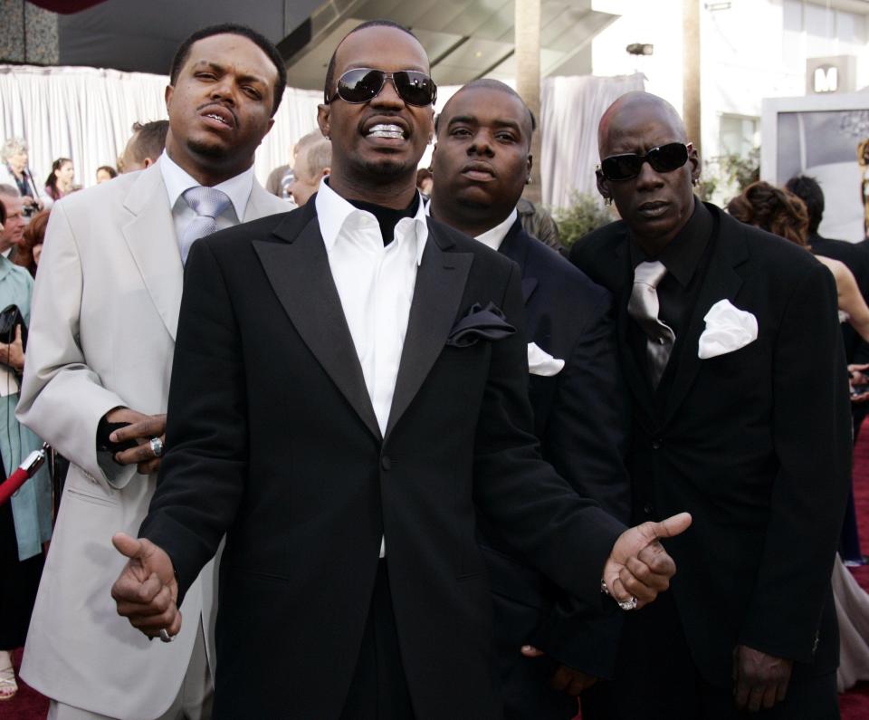 The Memphis rap group Three 6 Mafia arrives for the 78th Academy Awards on March 5, 2006, in Los Angeles. The group will perform the Oscar-nominated best original song "It's Hard Out Here for a Pimp" from the film "Hustle & Flow."