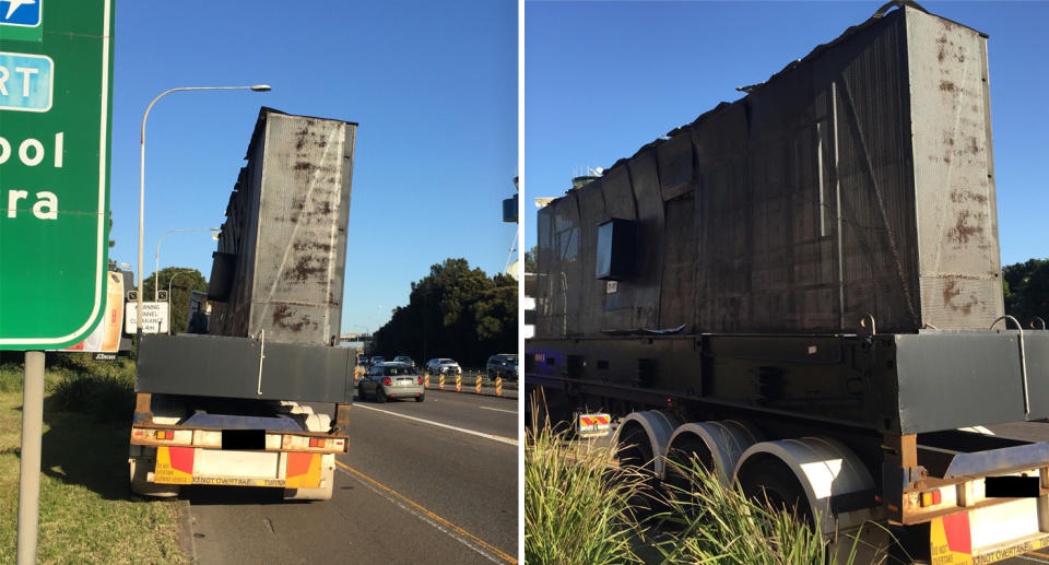 Two photos of an over-height semi-trailer driver in Mascot, Sydney, with the total heigh of the load and the truck being 5.11 meters.