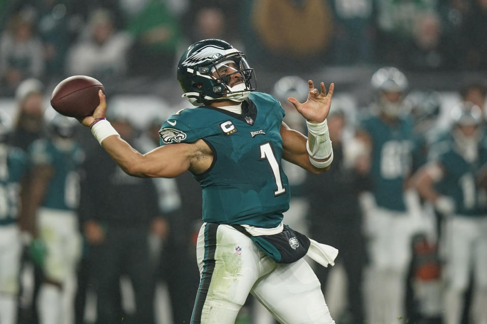 Philadelphia Eagles quarterback Jalen Hurts throws a pass against the San Francisco 49ers during the first half of an NFL football game, Sunday, Dec. 3, 2023, in Philadelphia. (AP Photo/Chris Szagola)