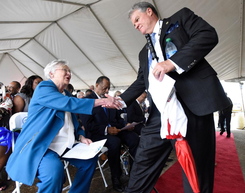 Alabama Gov. Kay Ivey, left, is greeted by Montgomery County Commissioner Doug Singleton during the groundbreaking ceremony for Montgomery Whitewater on June 10, 2021.