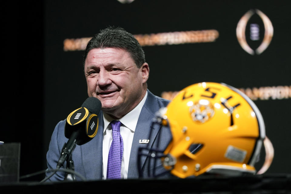 FILE - In this Jan. 12, 2020, file photo, LSU head coach Ed Orgeron speaks during a news conference for the NCAA College Football Playoff national championship game in New Orleans. National Signing Day begins Wednesday, Feb. 3, 2021. (AP Photo/David J. Phillip, File)