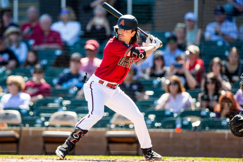 SCOTTSDALE, ARIZONA - MARCH 12: Corbin Carroll #7 of the Arizona Diamondbacks bats during the Spring Training game against the Colorado Rockies at Salt River Fields at Talking Stick on March 12, 2023 in Scottsdale, Arizona. (Photo by John E. Moore III/Getty Images)