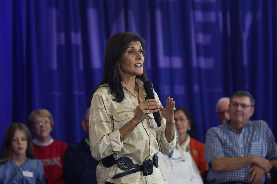 PHOTO: Republican presidential candidate and former U.N. Ambassador Nikki Haley speaks to potential voters during a campaign event at Central College, Oct. 21, 2023, in Pella, Iowa. (Scott Olson/Getty Images)