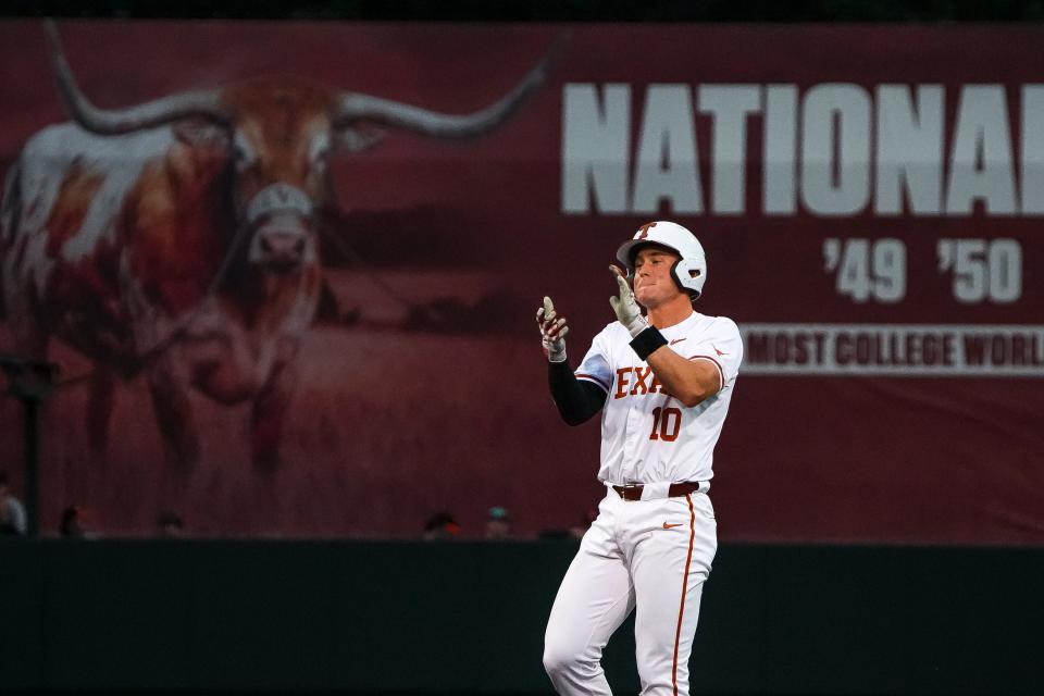 Texas catcher Kimble Schuessler celebrates his double during a game against Oklahoma State earlier this month. The Longhorns finished the regular season in third place in the Big 12.