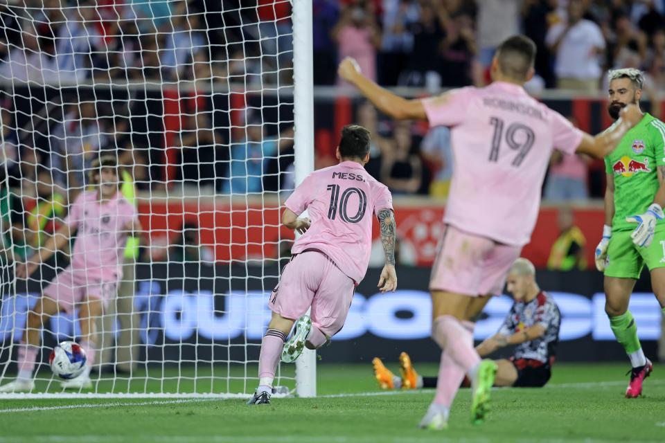 Aug 26, 2023; Harrison, New Jersey, USA; Inter Miami CF forward Robbie Robinson (19) celebrates after forward Lionel Messi (10) scored a goal against the New York Red Bulls during the second half at Red Bull Arena.