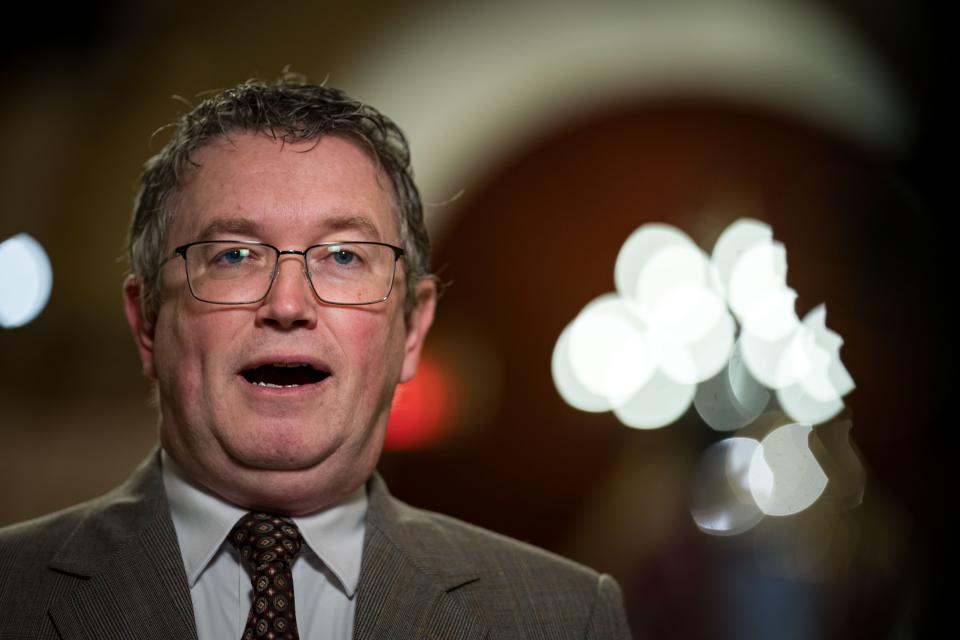 Rep. Thomas Massie, R-Ky., speaks during a television interview at the U.S. Capitol January 12, 2024 in Washington, DC.