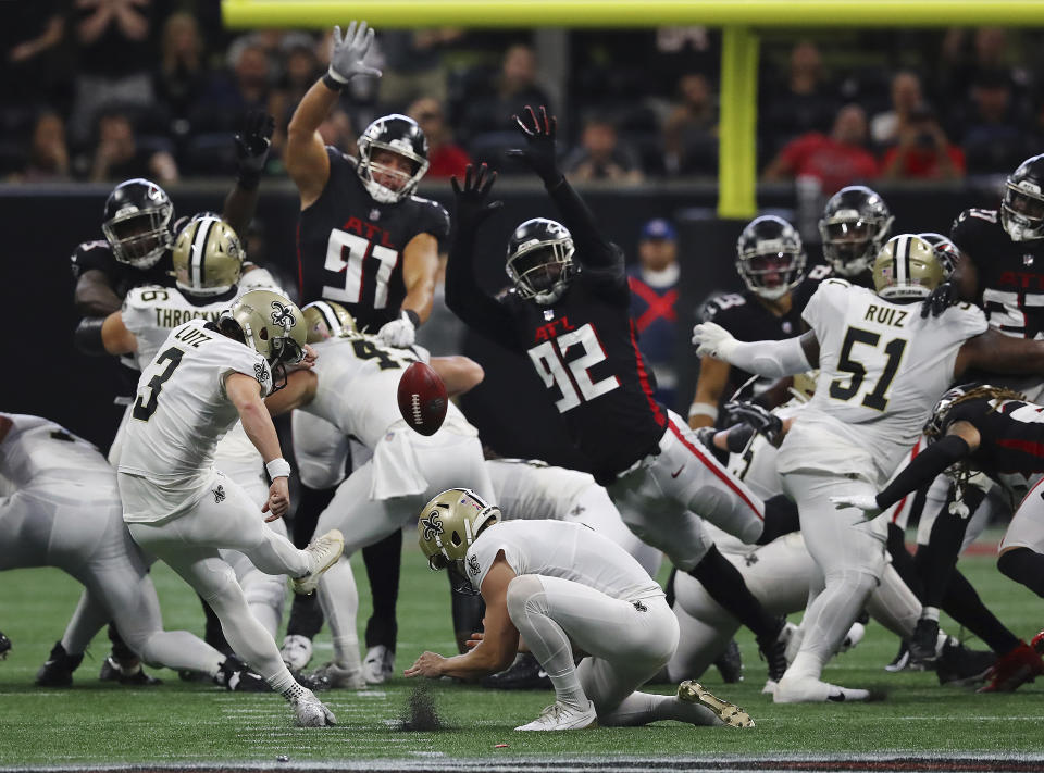 New Orleans Saints kicker Wil Lutz (3) makes a winning field goal for a victory over the Atlanta Falcons during the final minute of the fourth quarter of an NFL football game Sunday, Sept. 11, 2022, in Atlanta. (Curtis Compton/Atlanta Journal-Constitution via AP)