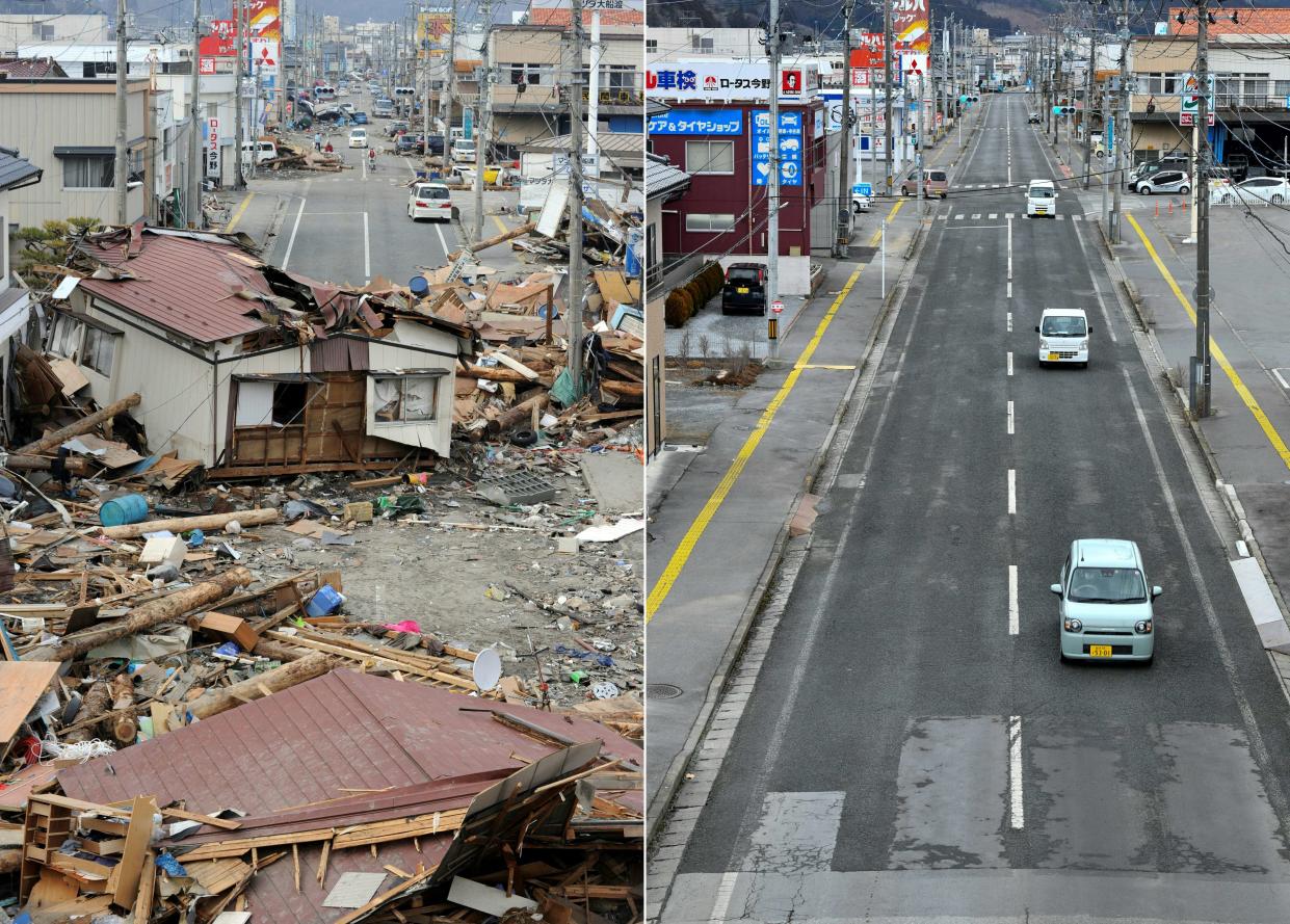 (COMBO) This combination of pictures created on March 4, 2021 shows a house (L) - moved by the tsunami three days previously - blocking a street in the town of Ofunato, Iwate prefecture on March 14, 2011; and the same area (R) nearly 10 years later on January 27, 2021. - Japan this month marks 10 years since the worst natural disaster in the country's living memory -- the massive earthquake, deadly tsunami and nuclear meltdown of March 11, 2011. (Photo by TOSHIFUMI KITAMURA and Kazuhiro NOGI / AFP) (Photo by TOSHIFUMI KITAMURA,KAZUHIRO NOGI/AFP via Getty Images)