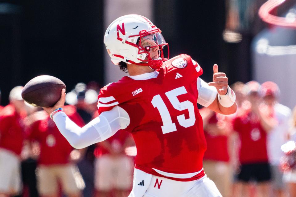 Aug 31, 2024; Lincoln, Nebraska, USA; Nebraska Cornhuskers quarterback Dylan Raiola (15) throws a pass against the UTEP Miners during the first quarter at Memorial Stadium. Mandatory Credit: Dylan Widger-USA TODAY Sports ORG XMIT: IMAGN-882801 ORIG FILE ID: 20240831_gma_oz8_0092.jpg