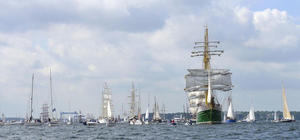 The "Alexander von Humboldt II" tall ship leads the Windjammer Parade of tall ships on June 23, 2012 in Kiel, Germany. The parade, which features approximately 100 tall ships and traditional large sailing ships, is the highlight of the Kieler Woche annual sailing festival, which this year is celebrating its 130th anniversary and runs from June 16-24. (Photo by Patrick Lux/Getty Images)