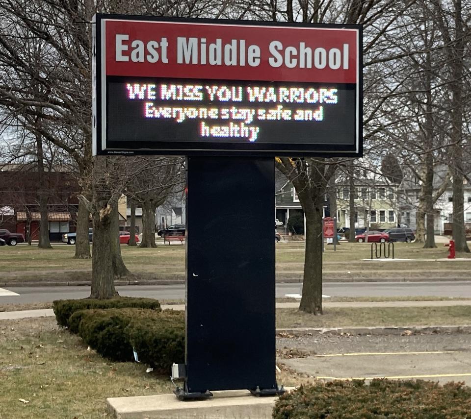 The Erie School Board on Wednesday tabled a resolution to retire the image of a Native American that serves as the mascot for East Middle School, which would keep the name Warriors. The sign for East Middle School, located near East Sixth Street and East Avenue, is shown on Jan. 14.