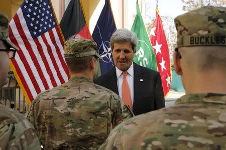 U.S. Secretary of State John Kerry meets U.S. military personnel at Resolute Support Headquarters in Kabul April 9, 2016. REUTERS/Jonathan Ernst