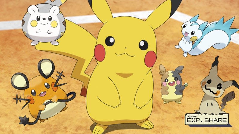 Pikachu is seen surrounded by Dedenne, Togedemaru, Morpeko, Pachirisu, and Mimikyu.