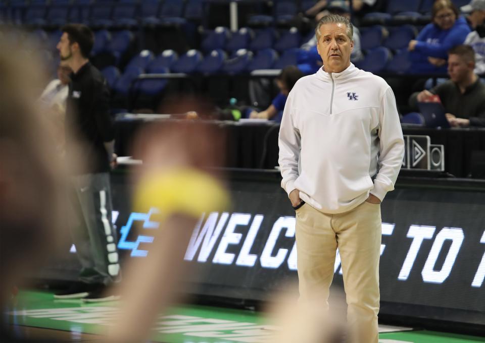 Kentucky’s John Calipari looks on at practice on March 16, 2023 at Greensboro Coliseum.