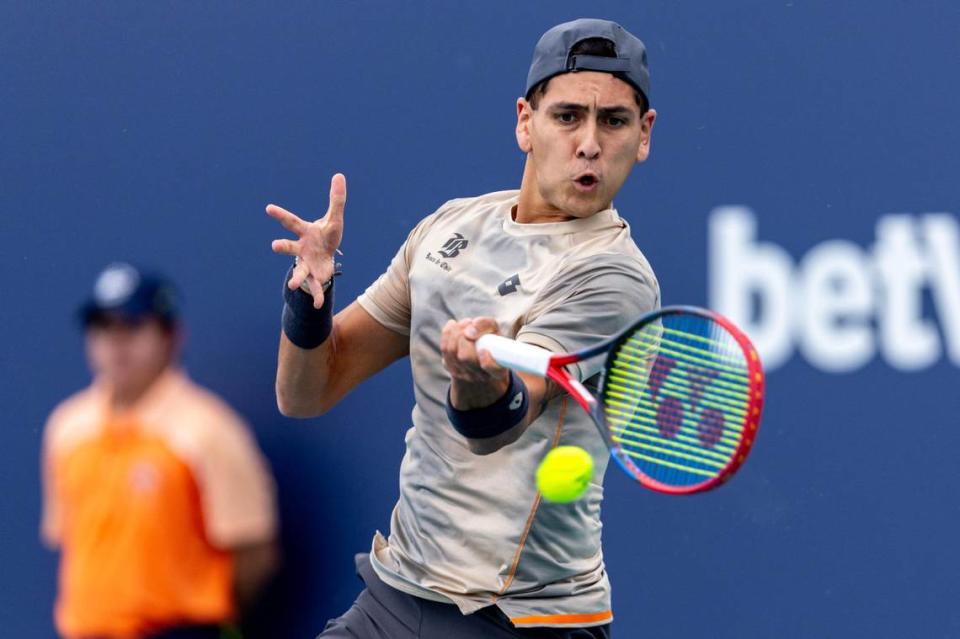 Alejandro Tabilo (CHI) returns the ball to Brandon Nakashima (USA) during the second set of a Miami Open match at Hard Rock Stadium in Miami Gardens on Thursday, March 21, 2024.