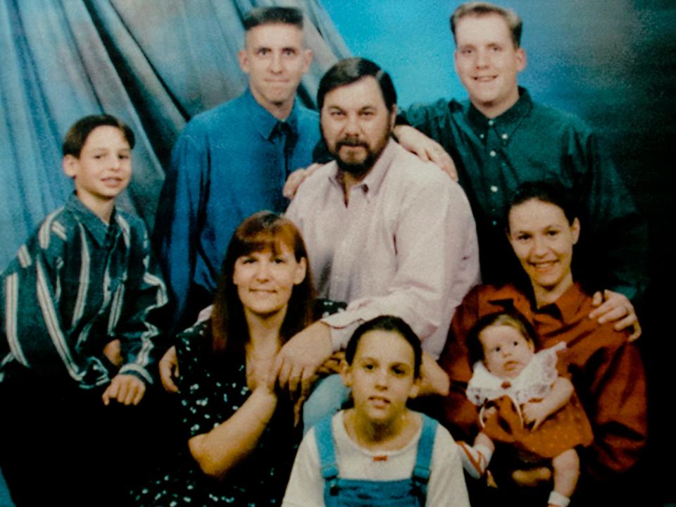 A photo of bank teller Monica Leech, middle left, was displayed at a news conference in March 2023 at the Thousand Oaks Police Station concerning the arrest of suspect Kevin James in her 1997 killing at Western Financial Bank. James was in Ventura County Superior Court this week for a preliminary hearing for his murder case.