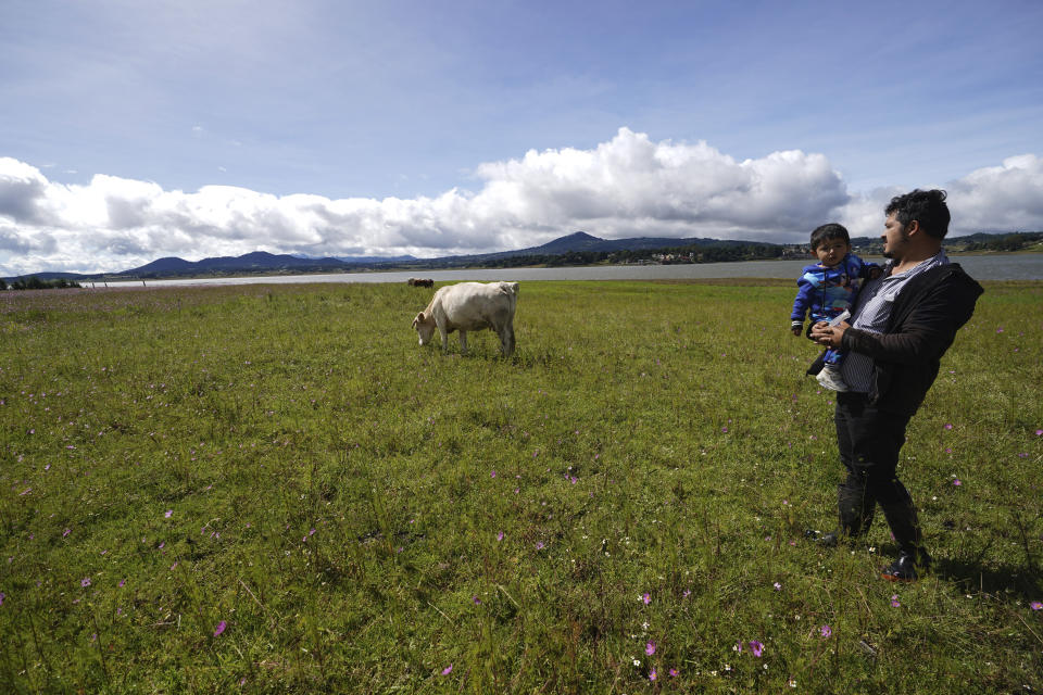 Gabriel Bejarano and his son Leo stand on his grandfather's farm on the banks of the Villa Victoria reservoir in the State of Mexico, Tuesday, Oct. 10, 2023. “I don’t know the exact level, but it’s the lowest in recent years,” said the veterinarian, at least since he moved back onto his grandfather’s farm in 2013. (AP Photo/Marco Ugarte)