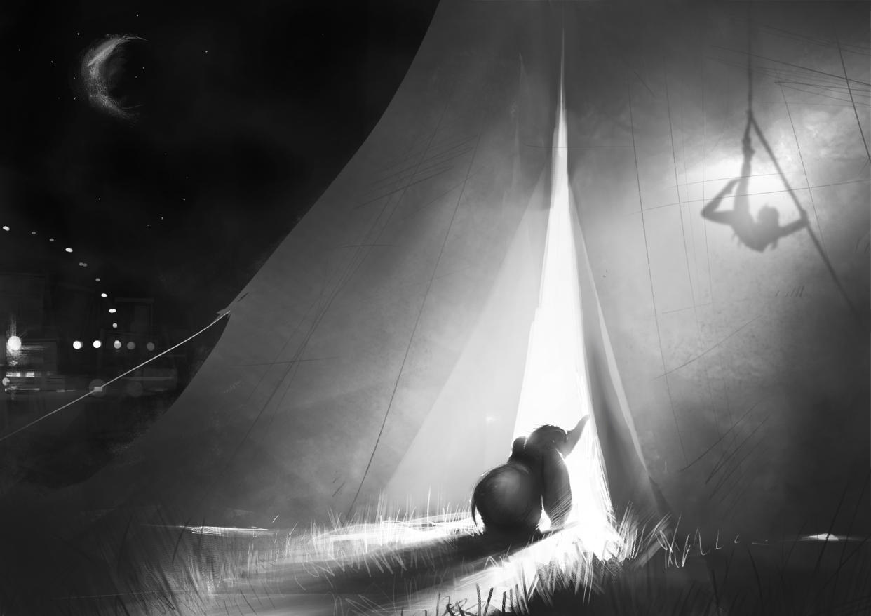 Dumbo peeks inside the big top in concept art from Tim Burton’s live-action film. (Image courtesy of Disney)