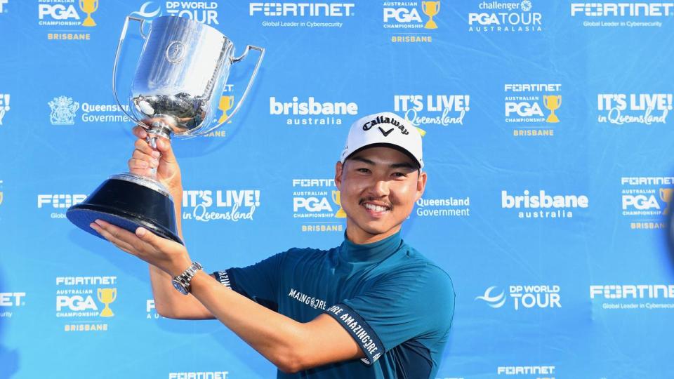 Min Woo Lee celebrates winning the 2023 Australian PGA Championship.