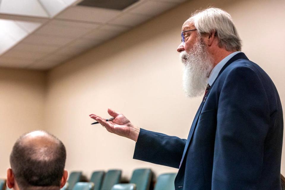 Latah County Prosecutor Bill Thompson speaks during Friday’s pretrial hearing for University of Idaho murder suspect Bryan Kohberger. Thompson has resisted defense calls for the release of DNA evidence. August Frank/August Frank / Lewiston Tribune