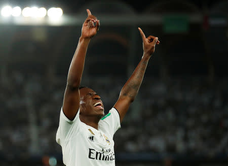 Soccer Football - Club World Cup - Final - Real Madrid v Al Ain - Zayed Sports City Stadium, Abu Dhabi, United Arab Emirates - December 22, 2018 Real Madrid's Vinicius Junior celebrates their fourth goal, an own goal scored by Al-Ain's Yahia Nader (not pictured) REUTERS/Andrew Boyers