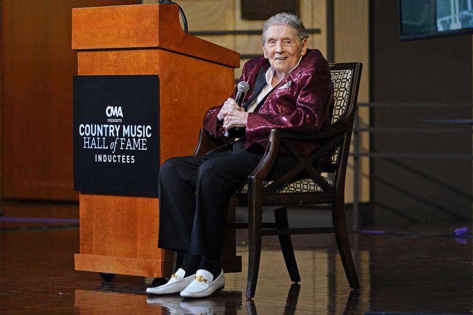 Jerry Lee Lewis speaks at the Country Music Hall of Fame after it was announced he will be inducted as a member Tuesday, May 17, 2022, in Nashville, Tenn. (AP Photo/Mark Humphrey)