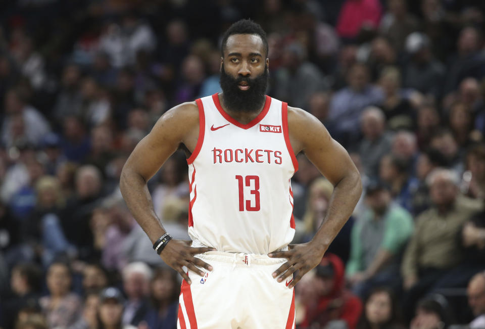 James Harden was fined $25,000 for criticizing the officials after the Rockets’ loss against the Lakers on Thursday. (AP/Jim Mone)