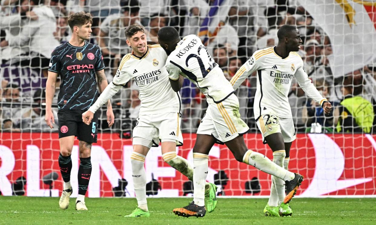 <span>Real Madrid's Federico Valverde celebrates scoring his team's third goal.</span><span>Photograph: Javier Soriano/AFP/Getty Images</span>