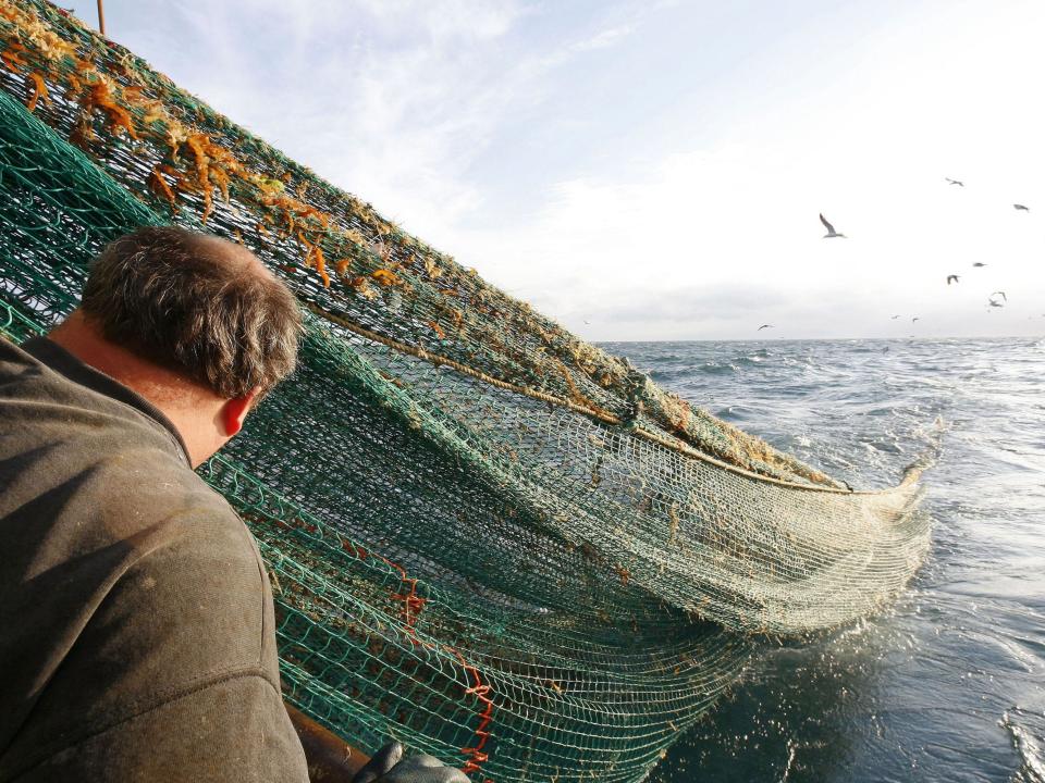 A trawler fishing net is pulled out of the ocean.