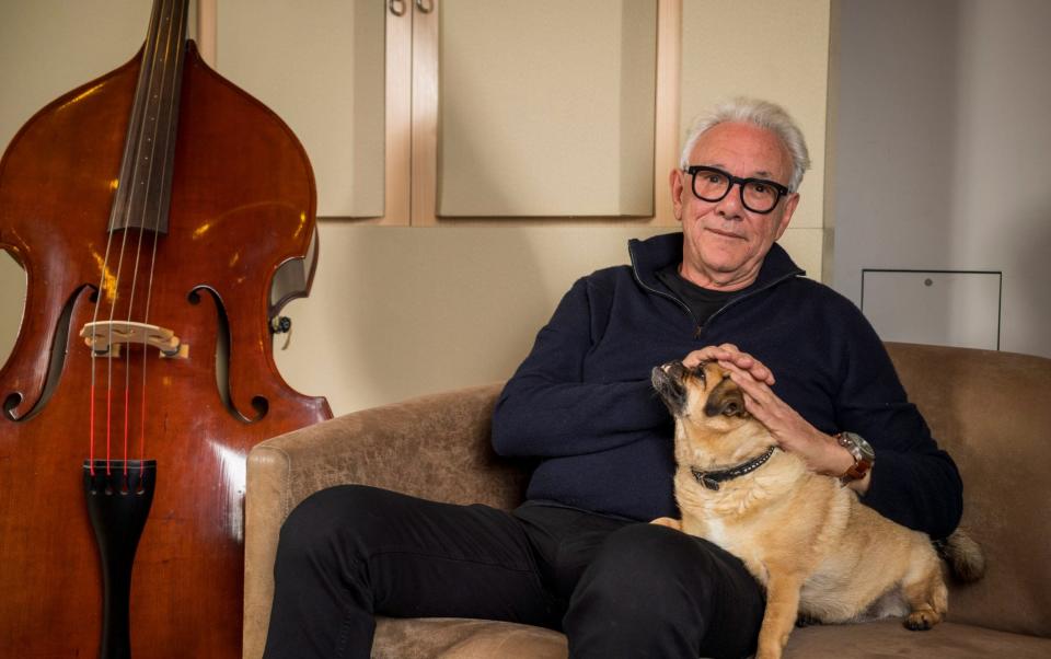 Record-industry titan: Trevor Horn relaxes at home with his dog Cleo - Andrew Crowley