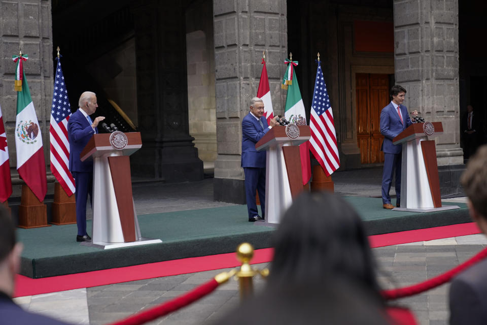 President Joe Biden, Mexican President Andres Manuel Lopez Obrador, and Canadian Prime Minister Justin Trudeau participate in a news conference at the 10th North American Leaders' Summit at the National Palace in Mexico City, Tuesday, Jan. 10, 2023. (AP Photo/Andrew Harnik)