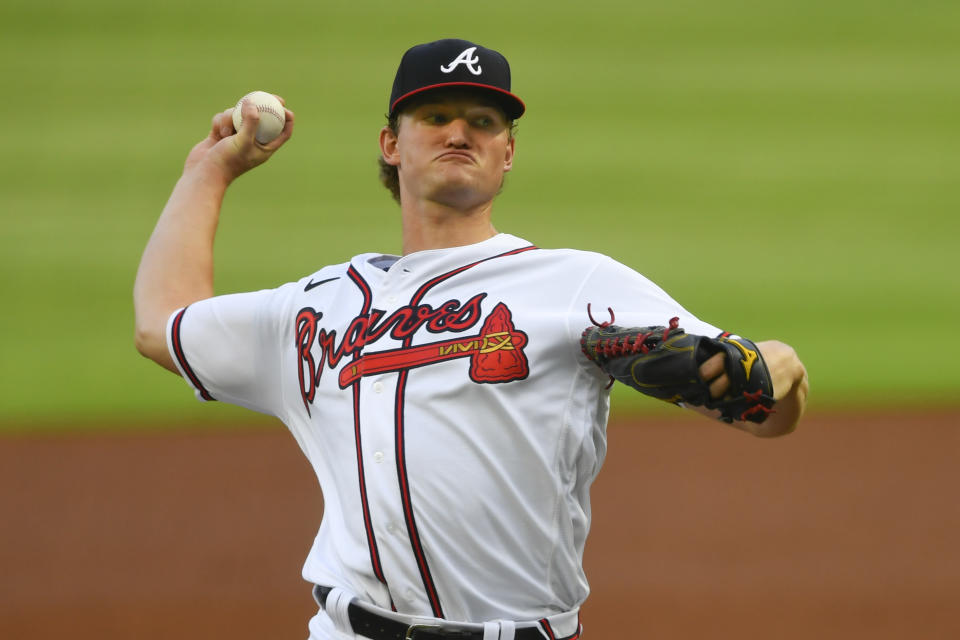 Atlanta Braves' Mike Soroka throws a pitch during the second inning of the baseball team's home-opener, against the Tampa Bay Rays on Wednesday, July 29, 2020 in Atlanta. (AP Photo/John Amis)
