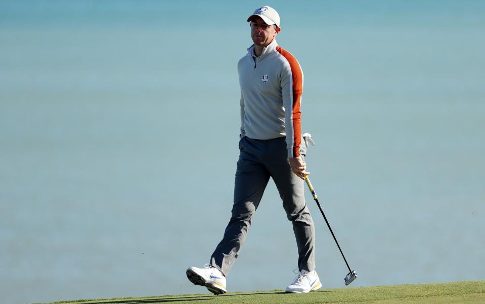 Rory McIlroy of Northern Ireland and team Europe reacts on the seventh green during Saturday Afternoon Fourball Matches of the 43rd Ryder Cup at Whistling Straits on September 25, 2021 in Kohler, Wisconsin. - GETTY IMAGES