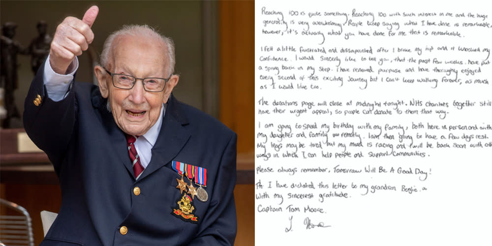 Captain Tom Moore has thanked the nation for its support on his 100th birthday. (Pictures: AP/PA)