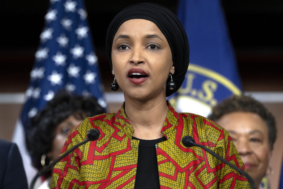 FILE - Rep. Ilhan Omar, D-Minn., speaks during a news conference by the Congressional Progressive Caucus on the threat of default, Wednesday, May 24, 2023, on Capitol Hill in Washington. Former Minneapolis City Council member Don Samuels announced Sunday, Nov. 11, 2023, that he’ll try once again to unseat Omar after coming close to beating her in 2022. (AP Photo/Jacquelyn Martin, File)