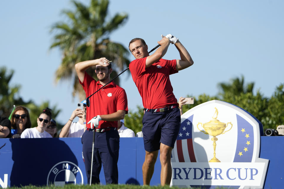 United States' Jordan Spieth tees off the 10th hole for practice round for the Ryder Cup golf tournament at the Marco Simone Golf Club in Guidonia Montecelio, Italy, Tuesday, Sept. 26, 2023. The Ryder Cup starts Sept. 29, at the Marco Simone Golf Club. (AP Photo/Alessandra Tarantino)
