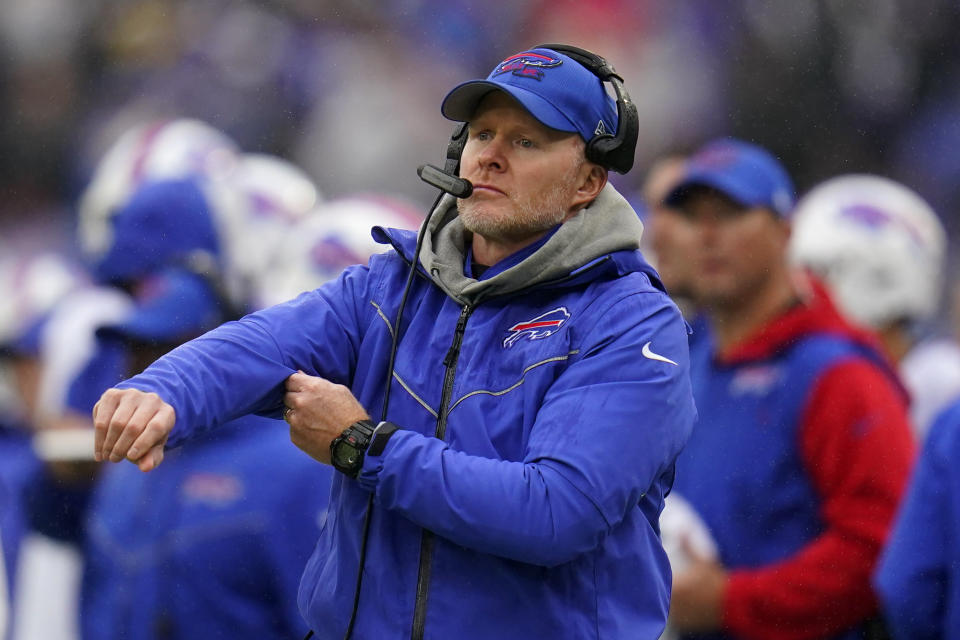 Buffalo Bills head coach Sean McDermott watches from the sideline in the first half of an NFL football game against the Baltimore Ravens Sunday, Oct. 2, 2022, in Baltimore. (AP Photo/Julio Cortez)