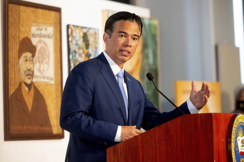 FILE - In this March 24, 2021, file photo, California Assemblyman Rob Bonta speaks during a news conference shortly after California Gov. Gavin Newsom announced his nomination for state's attorney general in San Francisco. California's nominee for state attorney general on Wednesday, April 21, 2021, promised to hold police accountable for misconduct, as lawmakers offered veiled criticism of his predecessor who is now in the Biden administration. (AP Photo/Noah Berger, File)