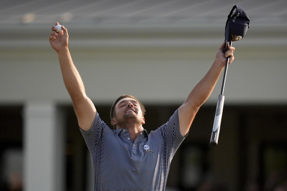 Bryson DeChambeau celebrates after winning the U.S. Open golf tournament Sunday, June 16, 2024, in Pinehurst, N.C. (AP Photo/Mike Stewart)