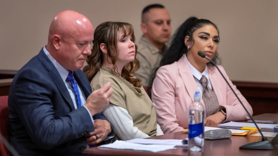 Hannah Gutierrez Reed, center, spoke in court Monday and asked to be sentenced to probation. - Eddie Moore/The Albuquerque Journal via AP