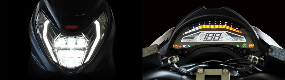 圖／2022 PGO Tigra 250 ABS全車標配造型LED燈組，即使在暗黑中也能成為焦點；滿版LCD液晶儀錶介面，無論白天或黑夜都能輕鬆辨別行車資訊。