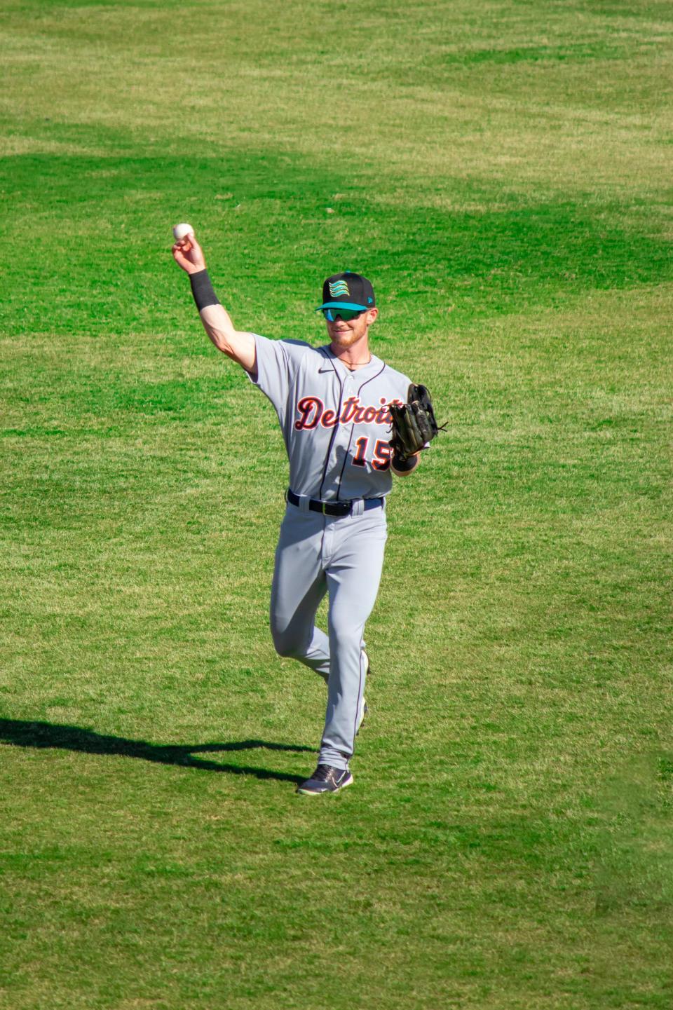 Detroit Tigers outfielder Justice Bigbie warms up before playing for the Salt River Rafters in the Arizona Fall League on November 1, 2023 in Peoria, Arizona.