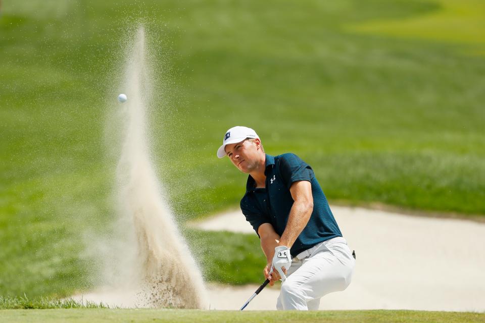 JERSEY CITY, NEW JERSEY - AUGUST 11: Jordan Spieth of the United States plays a shot from a bunker on the seventh hole  during the final round of The Northern Trust at Liberty National Golf Club on August 11, 2019 in Jersey City, New Jersey. (Photo by Kevin C. Cox/Getty Images)