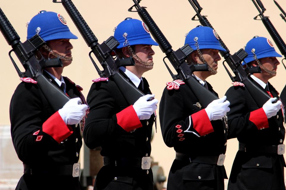 This May 13, 2013 photo shows the changing of the guard outside the Prince’s Palace in Monaco at 11:55 a.m. each day. It’s one of a number of free things to see and do in Monaco. (AP Photo/Michelle Locke)