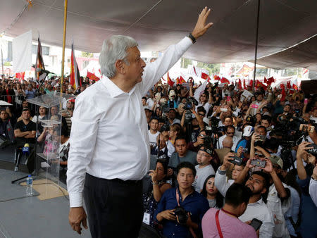 Leftist front-runner Andres Manuel Lopez Obrador of the National Regeneration Movement (MORENA) attends his campaign rally in Cuautitlan Izcalli, Mexico, April 13, 2018. REUTERS/Henry Romero