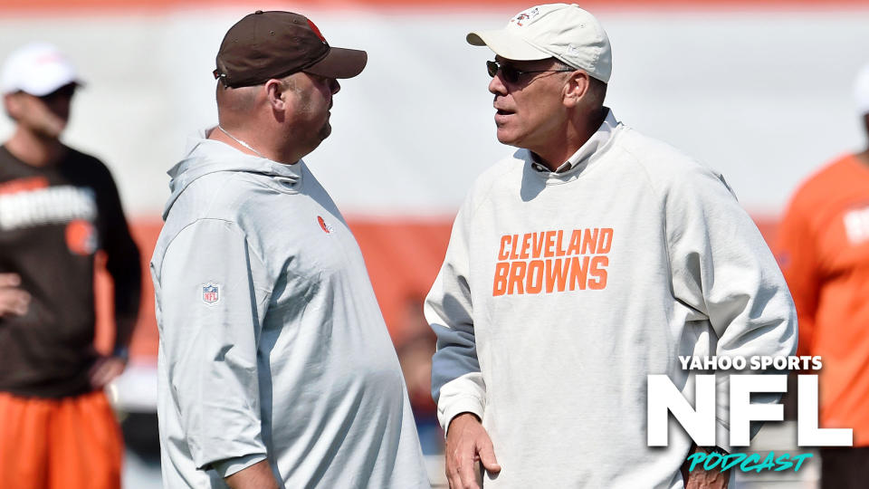 In the span of two days, the Cleveland Browns cleaned house by parting ways with head coach Freddie Kitchens (L) and general manager John Dorsey (R). (Photo credit: Ken Blaze-USA TODAY Sports)