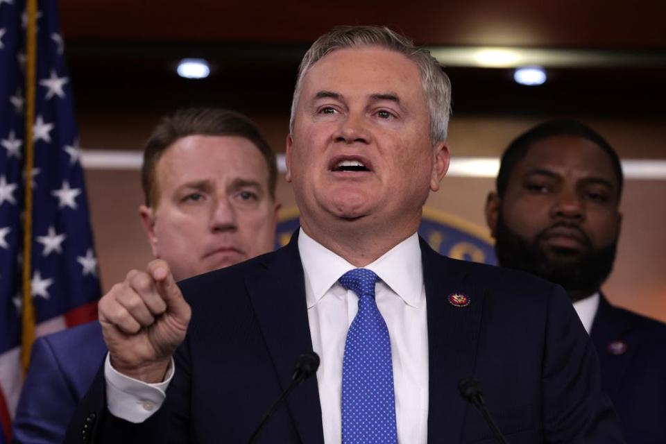 Flanked by House Republicans, U.S. Rep. James Comer, R-Ky., speaks during a news conference at the U.S. Capitol on November 17, 2022 in Washington, DC. House Republicans held a news conference to discuss "the Biden family's business dealings."